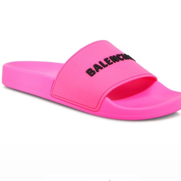 Balenciaga Neon Pink Logo Rubber Pool Slides 41 - Picture 1 of 7